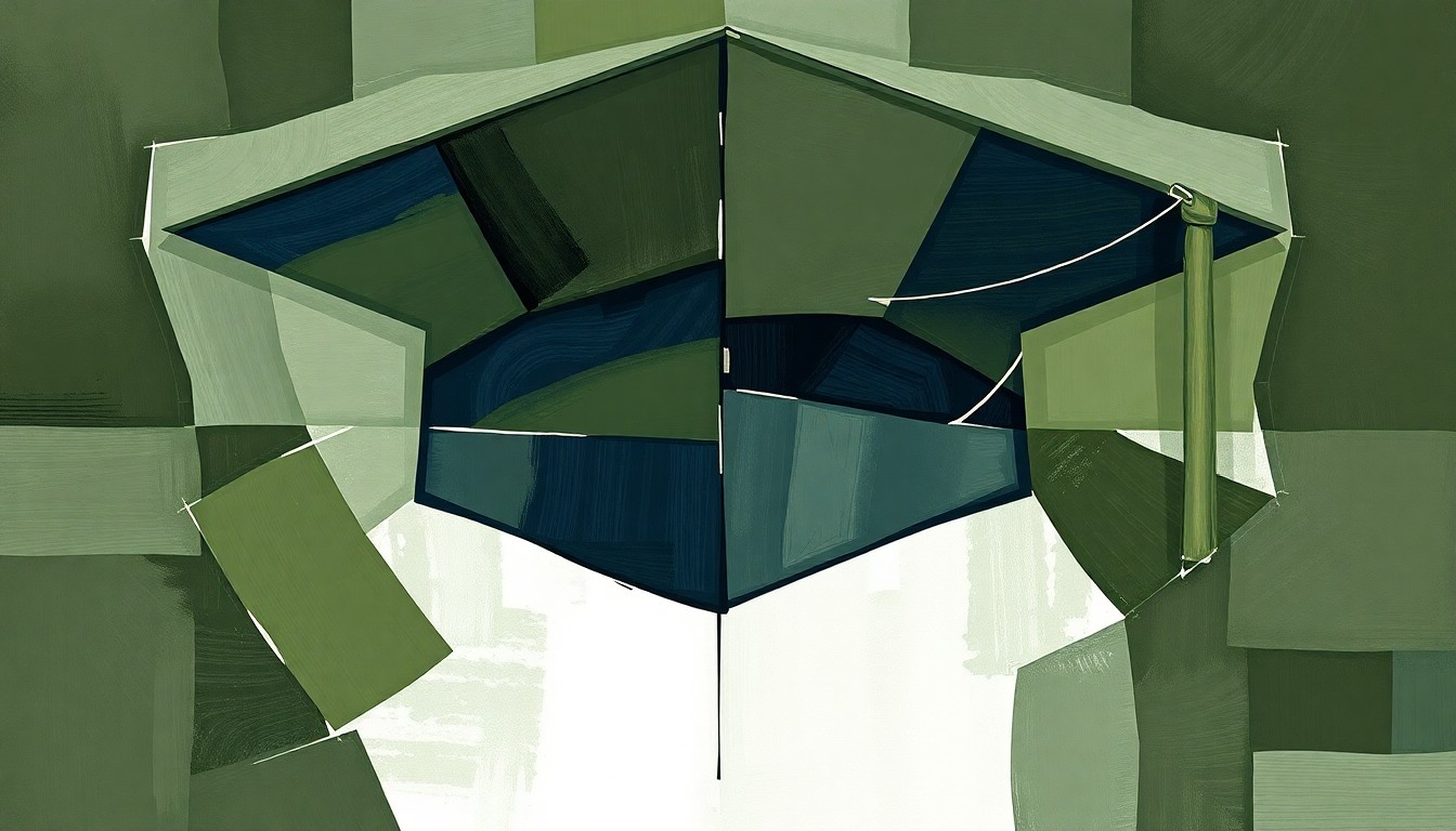 A fractured, abstract painting featuring overlapping geometric shapes in shades of green, blue, and grey, representing the disruption and tension surrounding the federal law enforcement presence at a military graduation.