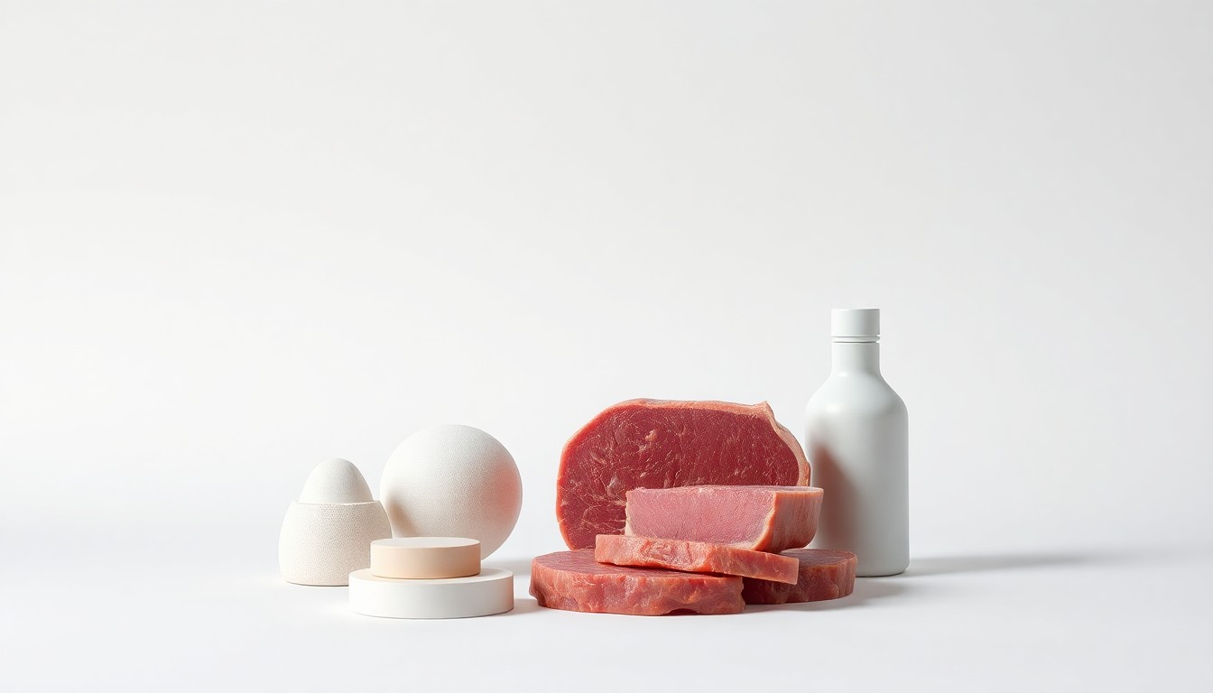 An abstract studio still life featuring a polished metal sphere, a smooth stone cube, and a reflective glass cylinder arranged on a plain white background, conceptually representing Beyond Meat's corporate strategy and financial positioning.