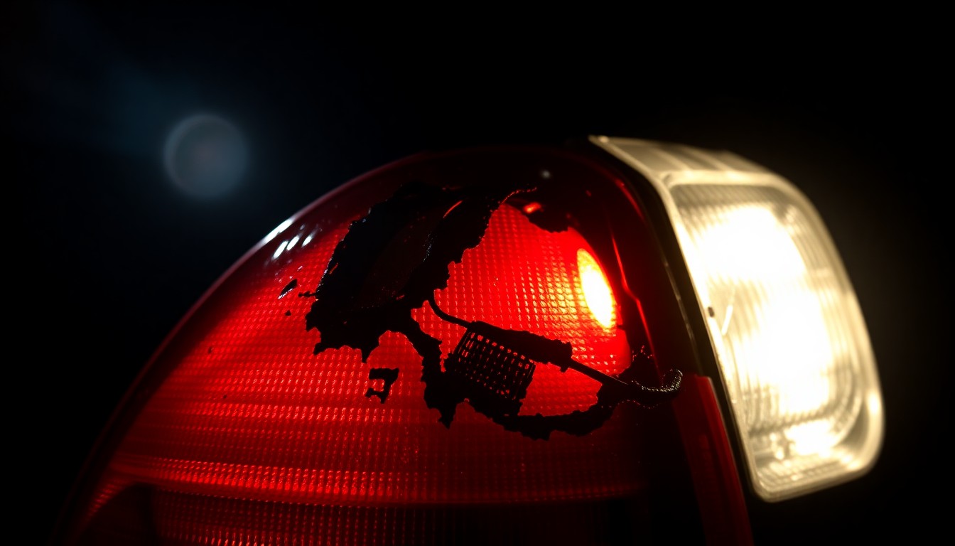 An extreme close-up photograph of a charred and twisted police vehicle part, lit by a harsh camera flash against a pitch-black background, conveying a stark, gritty, and investigative aesthetic without depicting any violence or victims.