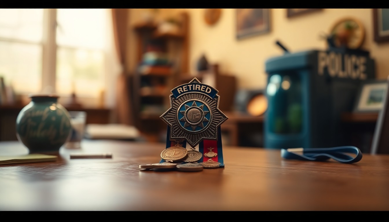 A close-up photograph of a retired police officer's badge and service medals resting on a wooden table, with a soft, hazy, and out-of-focus background of lifestyle objects, conveying a sense of warmth and nostalgia.