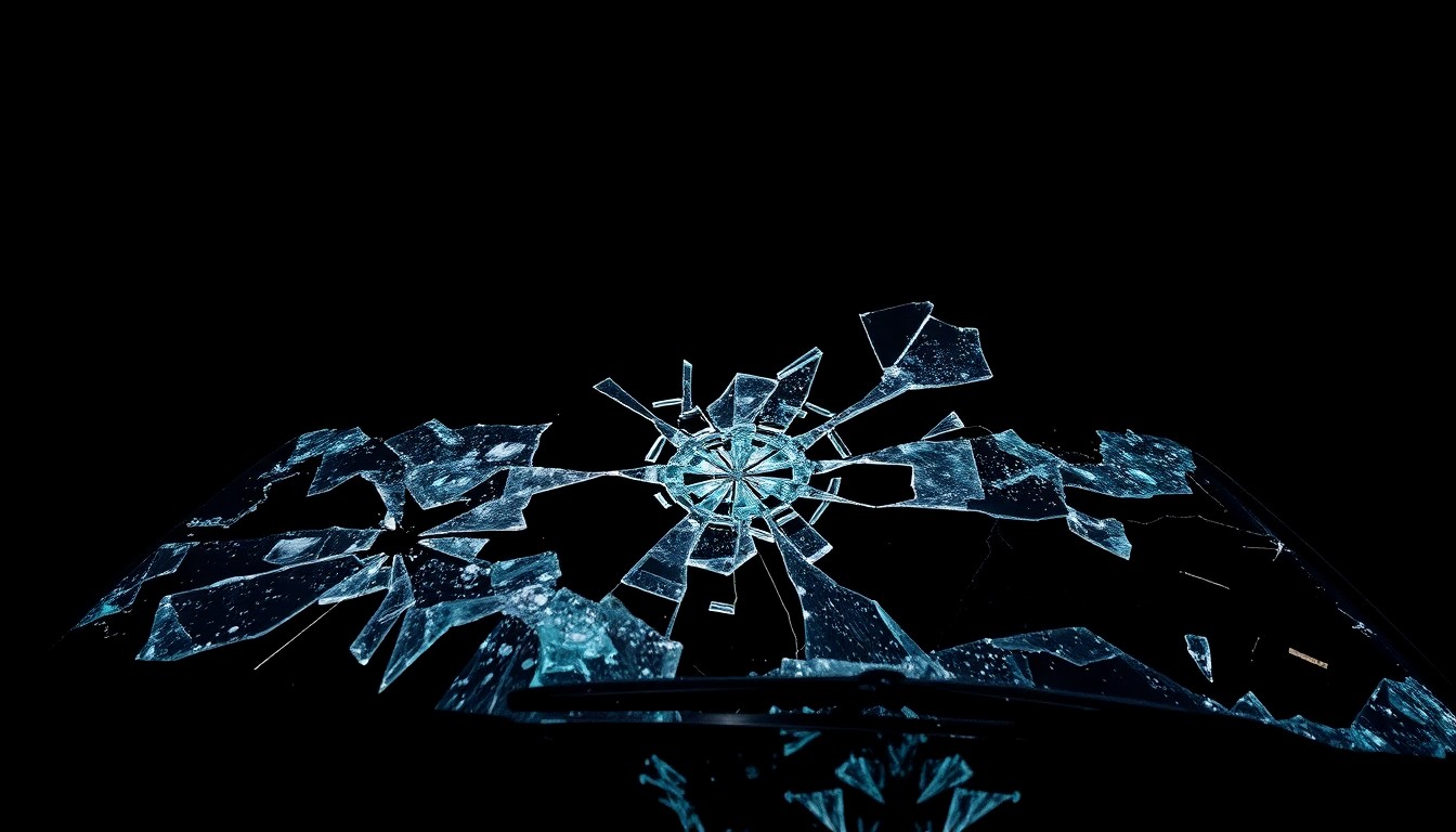 An extreme close-up photograph of a shattered car windshield against a pitch-black background, capturing the violent aftermath of a high-speed collision.