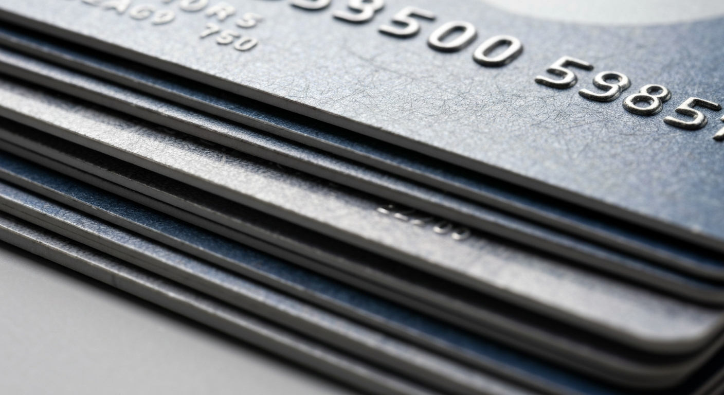 An extreme close-up photograph of a stack of well-used credit cards, their surfaces heavily textured and worn, conveying the tangible financial burden of sports betting addiction.