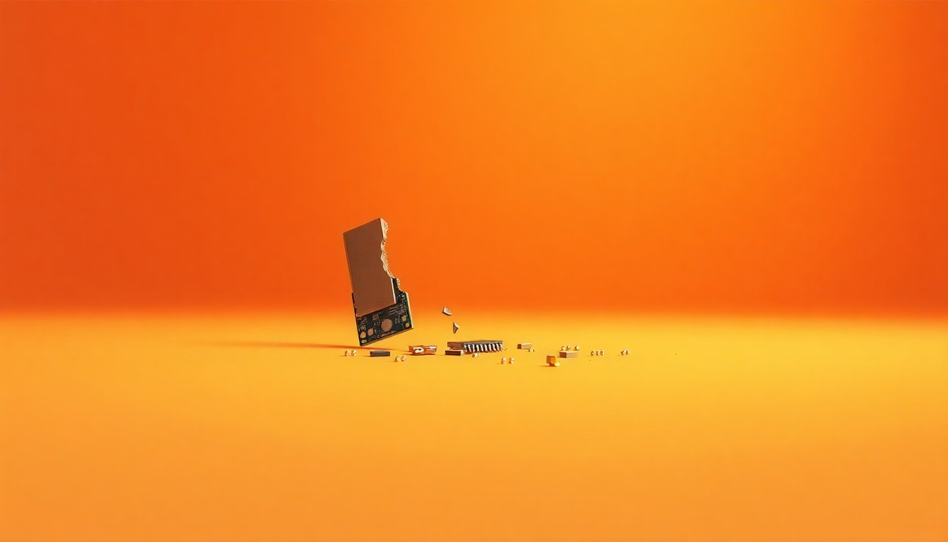 An extreme close-up of a shattered computer chip or circuit board component, its polished metal and glass surfaces reflecting dramatic studio lighting, conceptually representing the abstract idea of corporate fraud and misleading investors.