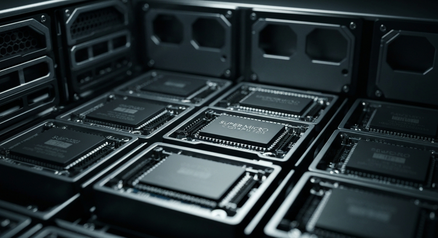 A highly detailed, black-and-white close-up image of the intricate components and circuitry within a high-performance server, conveying the complex and industrial nature of Super Micro Computer's business.