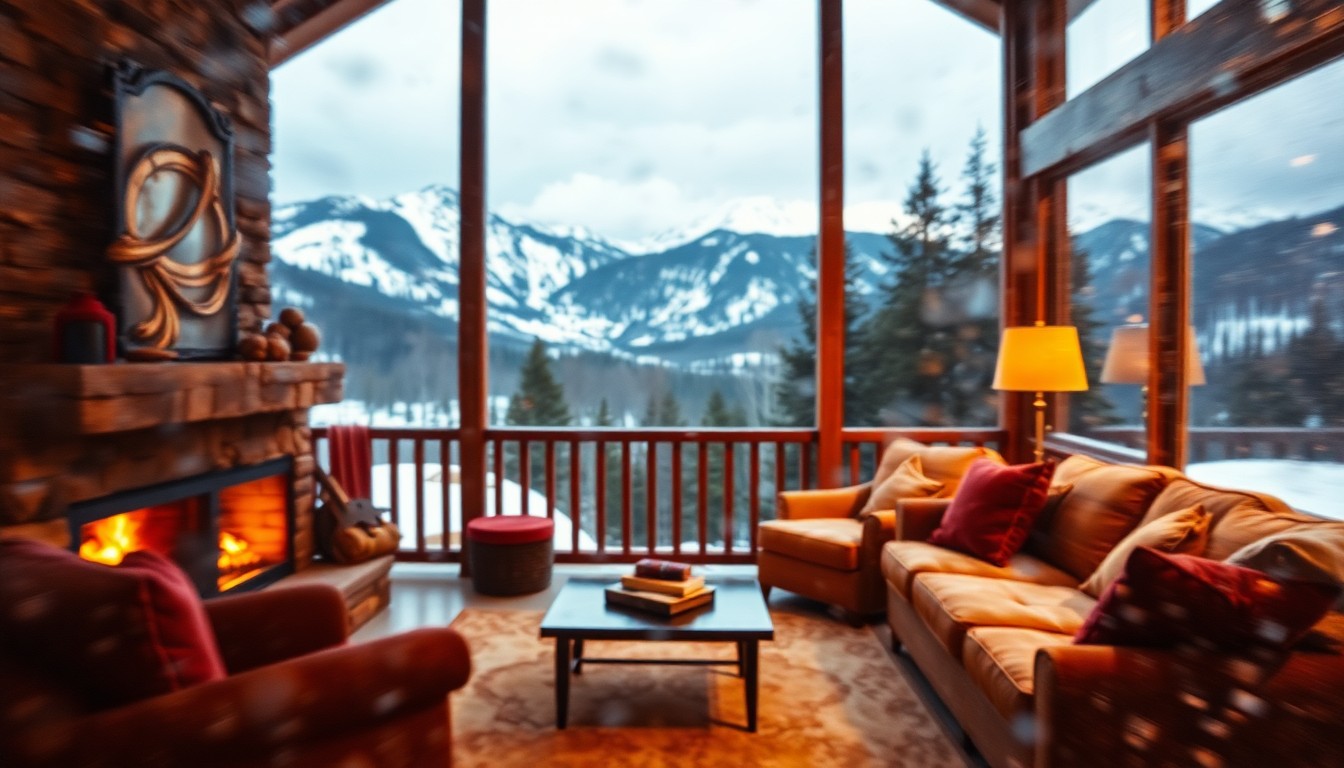 An abstract, out-of-focus scene of a cozy mountain living room with a warm fireplace, plush furniture, and sweeping views of snow-capped peaks in the distance, conveying the tranquil and luxurious atmosphere of the Evergreen property.