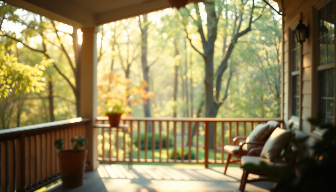 A softly blurred, impressionistic photograph of a covered porch overlooking a wooded backyard, with warm pools of light and color creating a serene, inviting atmosphere.