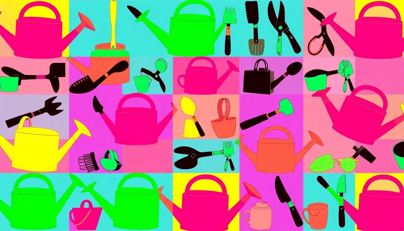 A high-contrast, silkscreen-style illustration of a gardening tool such as a watering can or trowel, repeated in a grid pattern with bold, neon-bright colors and heavy black outlines, conceptually representing the vibrant energy and variety of products at the Spring Garden Market.