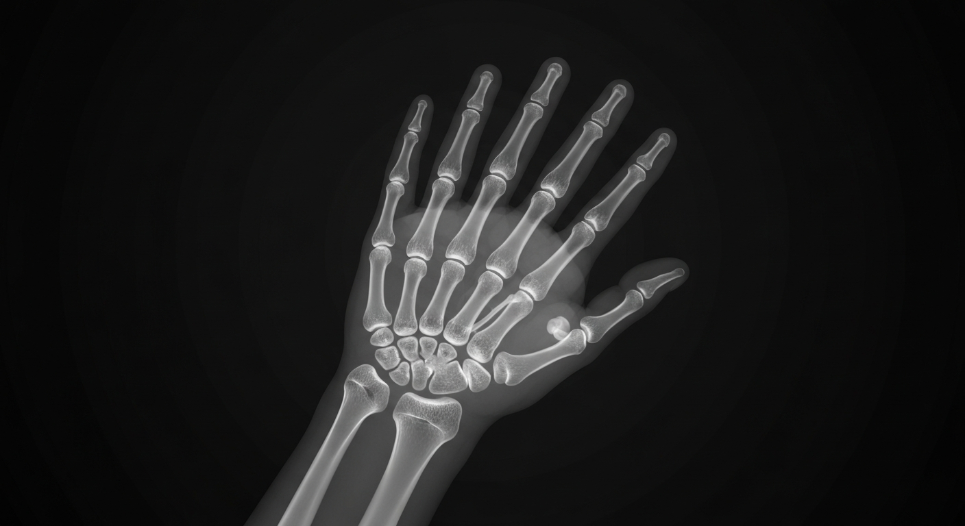 A ghostly, translucent X-ray image of a human hand, the bones and veins glowing against a dark background, conceptually representing the scientific advancements in dermatology.