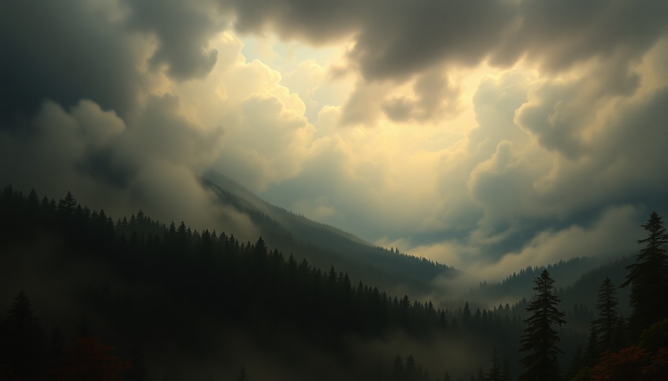 A sweeping, atmospheric landscape painting in muted tones of grey, green, and blue, depicting a dense forest shrouded in heavy fog under a dramatic, turbulent sky, conveying the overwhelming scale and power of the natural world.