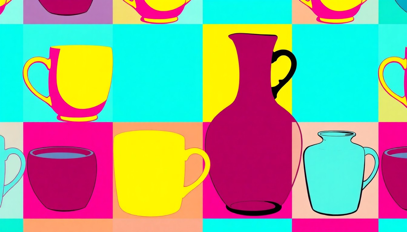 A brightly colored, high-contrast silkscreen print of a modern vase or decorative object repeated in a tight grid pattern, conveying the refined and elevated living experience of this Brentwood property.