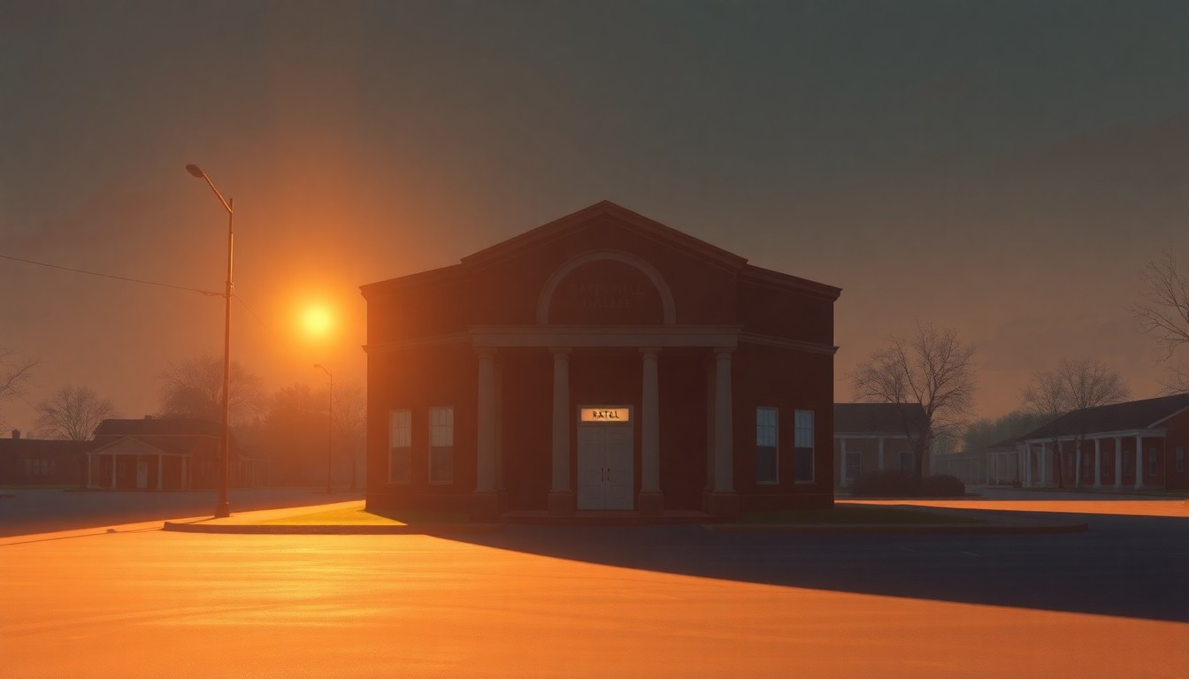 A serene, nostalgic painting of a Batesville city building or town square, with warm sunlight casting long shadows across the scene, conveying a sense of timeless civic pride and community.