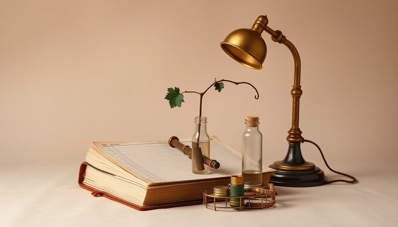 An elegant studio still life featuring a weathered ledger book, vintage desk lamp, and curling grape vine tendril, symbolizing the intersection of Napa's winemaking history, regulatory oversight, and the financial challenges facing family-owned vineyards.