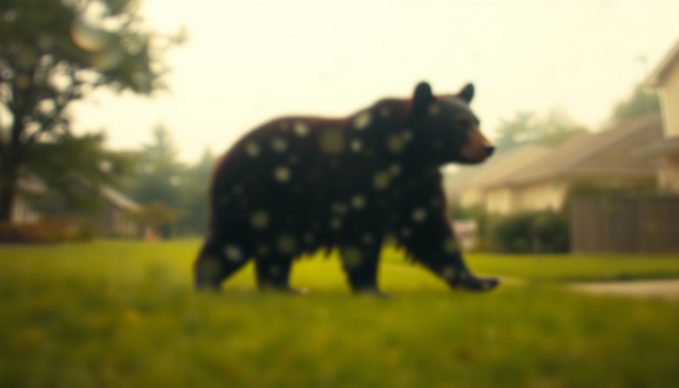 An extremely abstract, out-of-focus photograph depicting a blurred silhouette of a black bear wandering through a lush, green suburban landscape, composed of soft pools of warm, earthy color and light, conveying a sense of nostalgia and the bittersweet coexistence of nature and urban development.