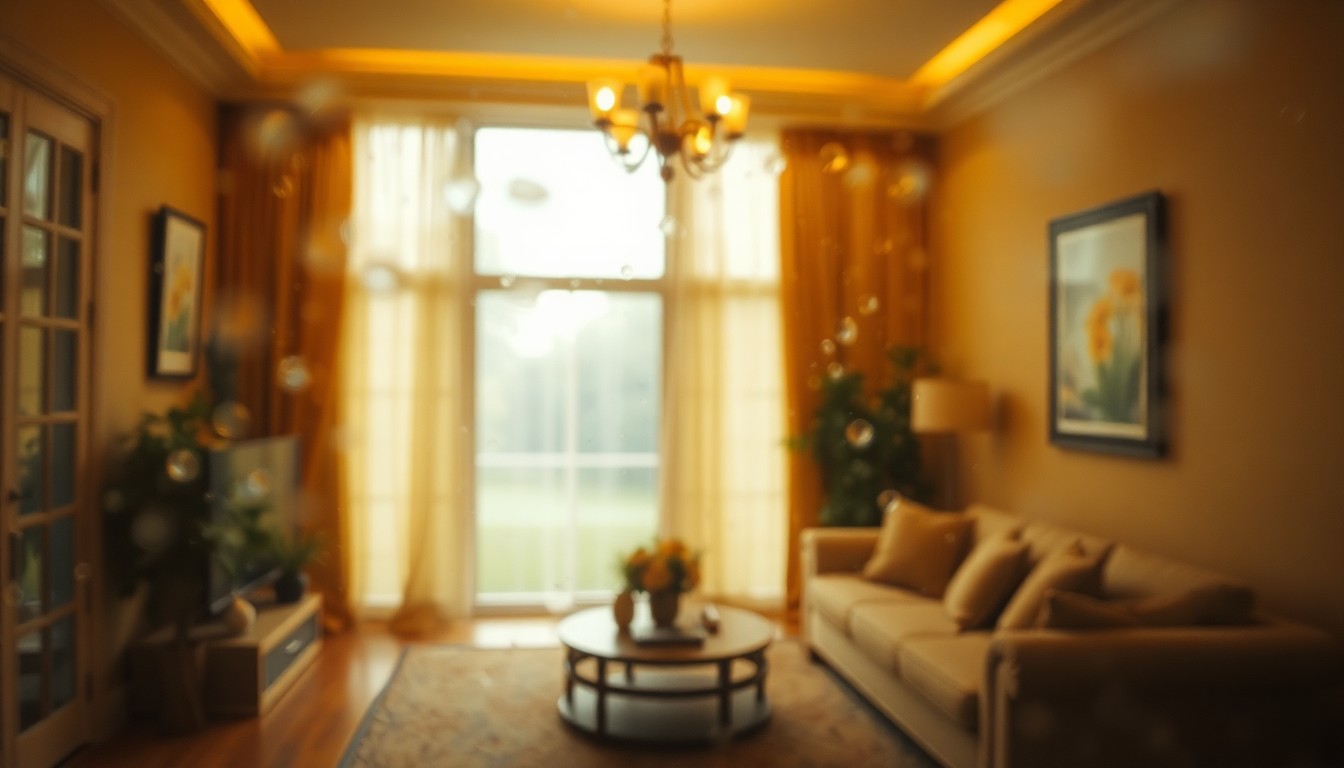 An abstract, out-of-focus photograph in warm, muted tones depicting the soft, inviting atmosphere of a high-end residential interior, conceptually representing the meticulously maintained custom home in Zionsville.