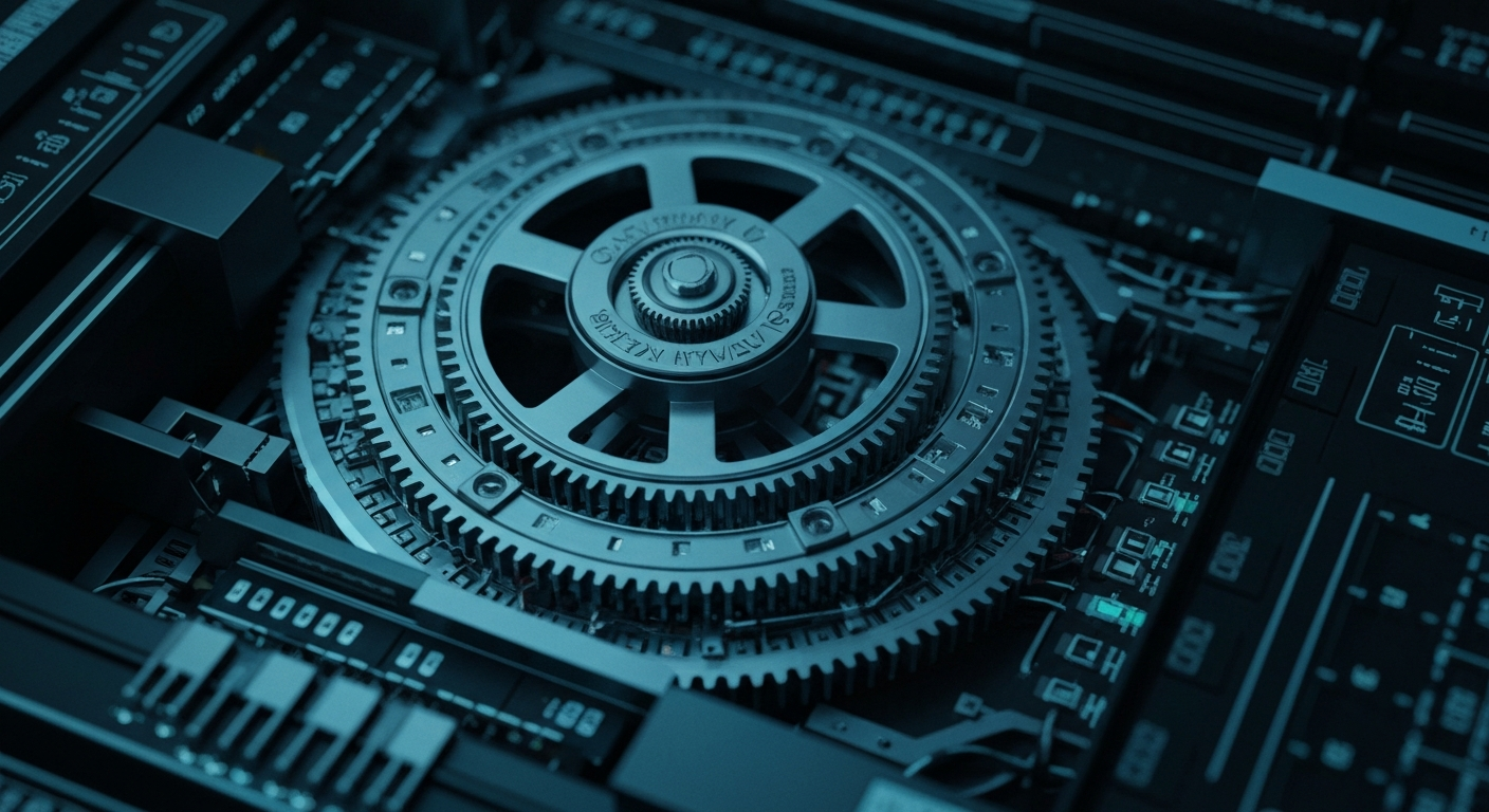 An extreme, cinematic close-up of the intricate gears, circuits, and metal components of a high-tech banking computer server, representing the complex financial infrastructure powering Netflix's streaming empire.