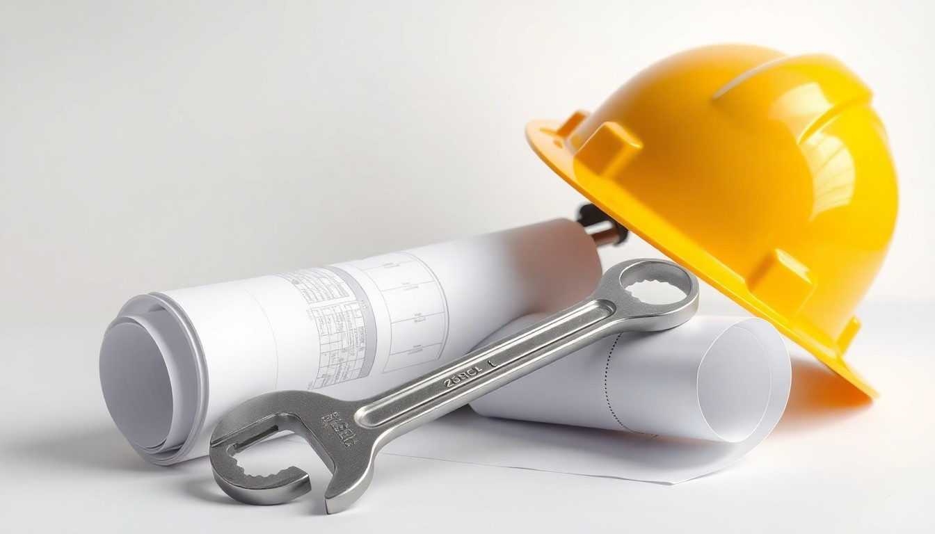 A photorealistic studio still-life image featuring a polished metal wrench, a hardhat, and a rolled-up blueprint on a clean, monochromatic background, symbolizing the construction and infrastructure services provided by Quanta Services.