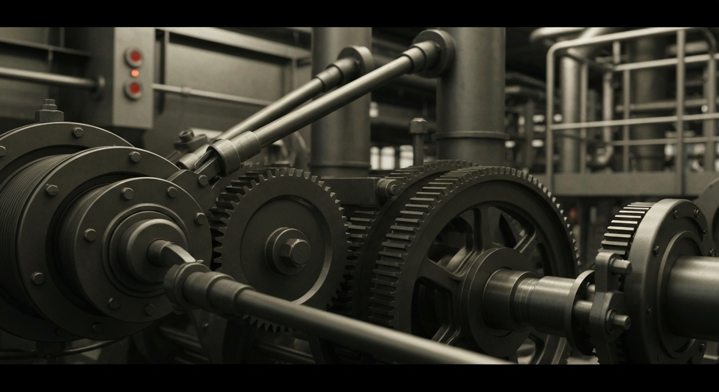 An extreme close-up of gears, levers, and other industrial machinery from a food processing plant, representing the scale and complexity of Mondelez International's global snack production.