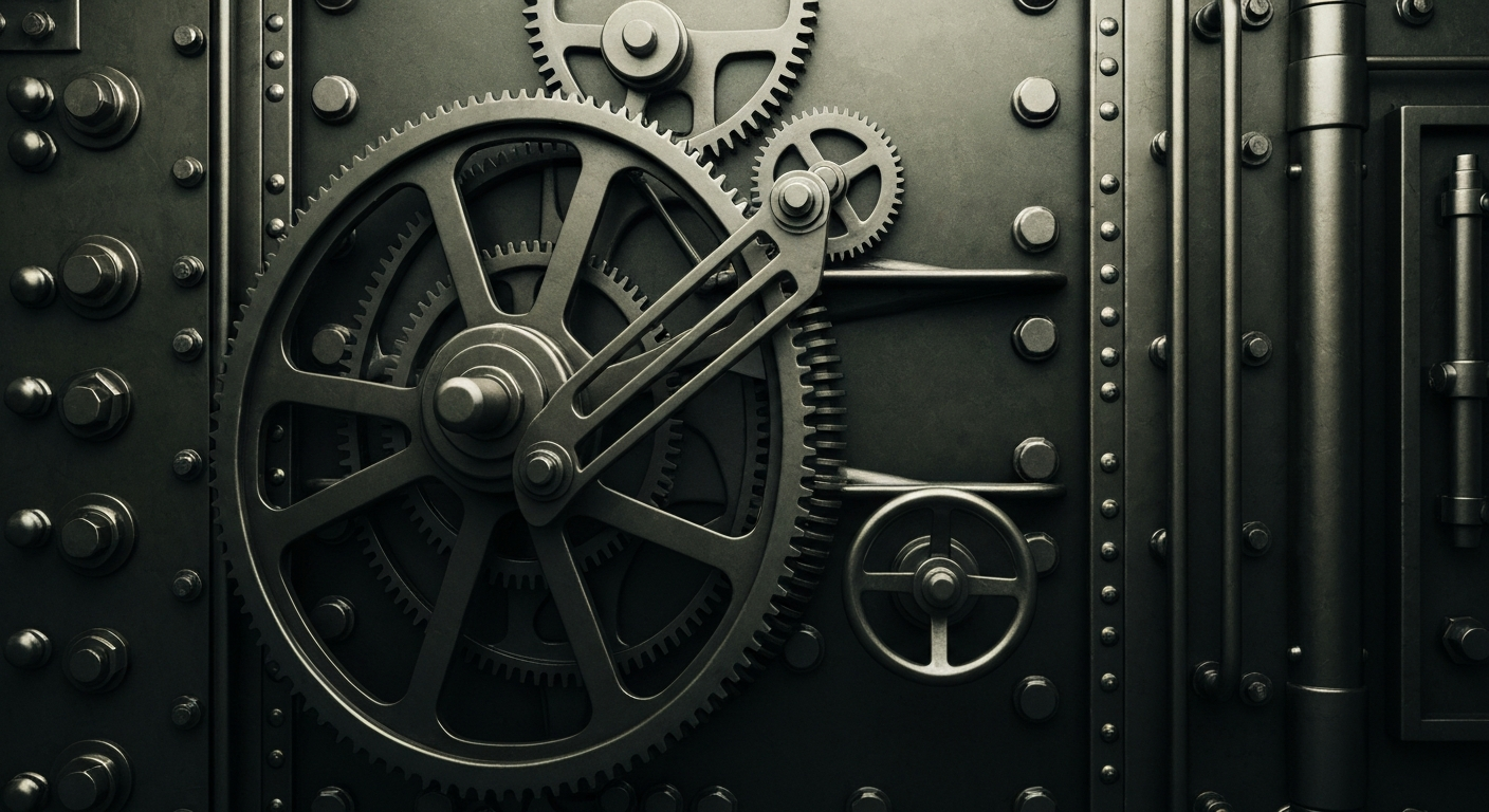 An extreme close-up of the heavy, industrial machinery and mechanisms inside a large bank vault, dramatically lit to convey a sense of financial security and stability.