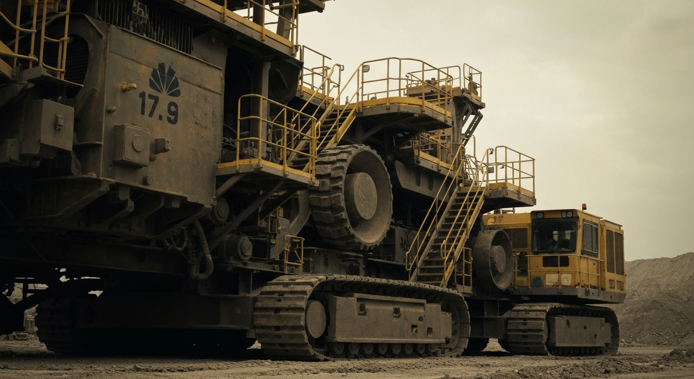 An extreme close-up of large, industrial mining equipment and machinery, conveying the physical scale and technological sophistication of Newmont's gold production capabilities.
