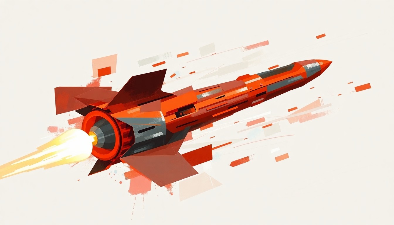 A dynamic, abstract painting depicting a military vehicle or missile in motion, with overlapping, fragmented shapes and lines in shades of red, orange, and grey, conveying a sense of speed and unrest.
