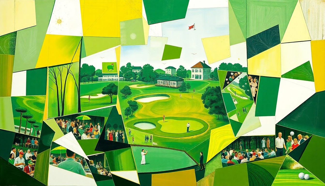 A cubist-style painting depicting a fragmented, geometric interpretation of a Masters golf tournament scene, with overlapping planes of green, white, and gold colors.