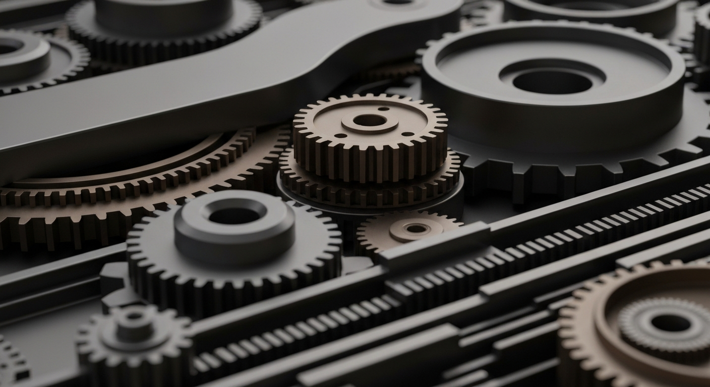 An extreme close-up of intricately connected metal gears and machinery, conveying the complex financial and technological underpinnings of SoundHound AI's voice AI platform.