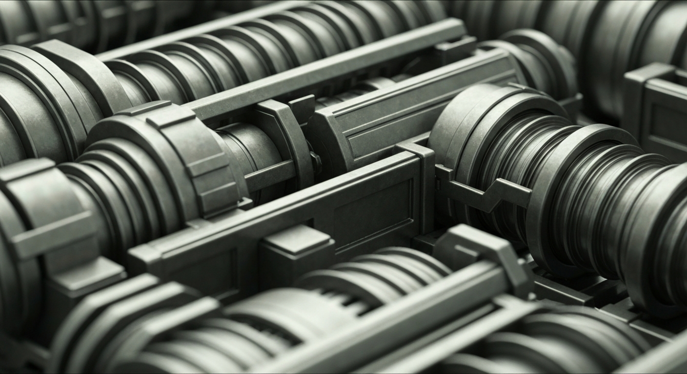 An extreme close-up of gears, valves, and other industrial components in muted metallic tones, conceptually representing the complex financial infrastructure underlying the energy industry.