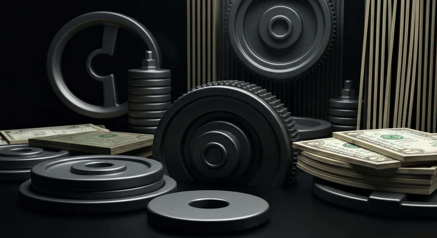 An extreme close-up of intricate, industrial-looking financial machinery and equipment, conveying a sense of the complex systems that power the financial industry.