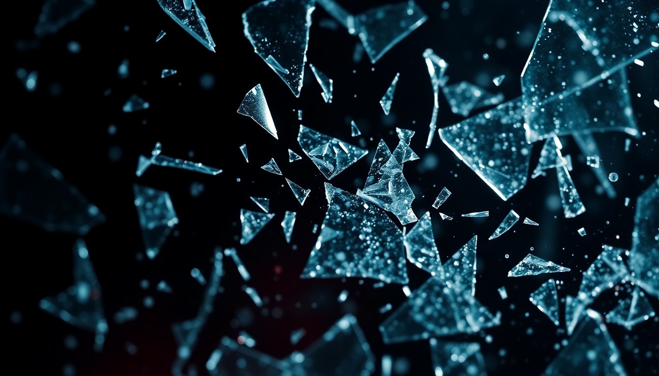 An extreme close-up photograph of shattered glass and glittering shards, capturing the violent and gritty nature of the Scream franchise through dramatic, high-contrast lighting and abstract textures.