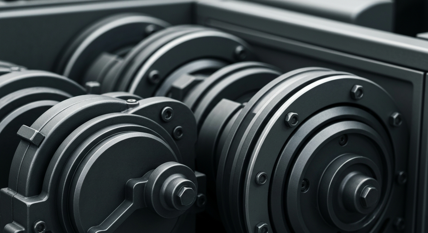 An extreme close-up photograph of heavy, industrial banking equipment and machinery in muted tones of steel gray, charcoal, and gunmetal, conveying the physical, mechanical nature of financial infrastructure.
