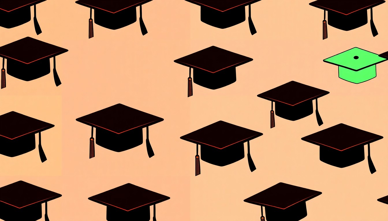 A brightly colored, high-contrast silkscreen print of a graduation cap icon repeated in a tight grid pattern, capturing the celebratory spirit of overcoming significant life challenges to achieve an educational milestone.