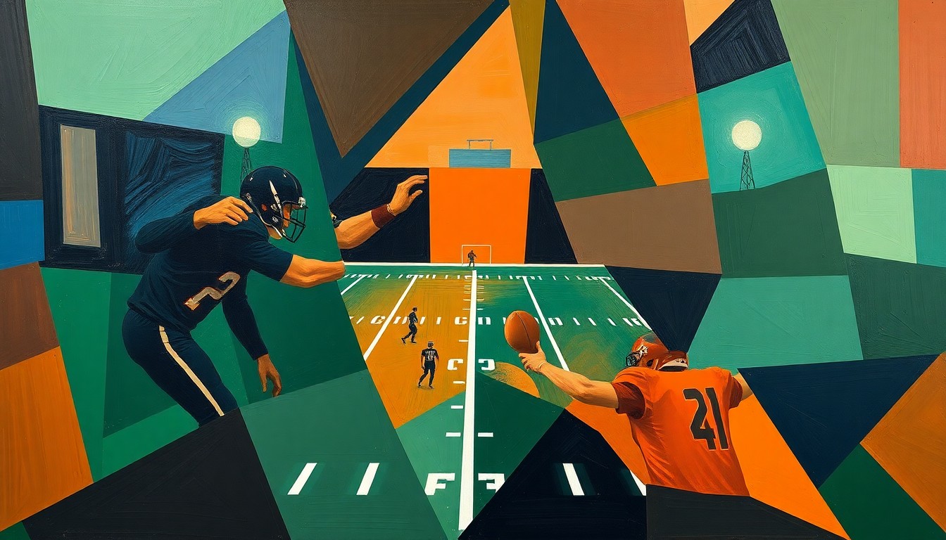 A cubist, geometric painting depicting fragmented, overlapping shapes and planes in navy, green, and orange, conceptually representing the complex mental health challenges faced by professional football players.