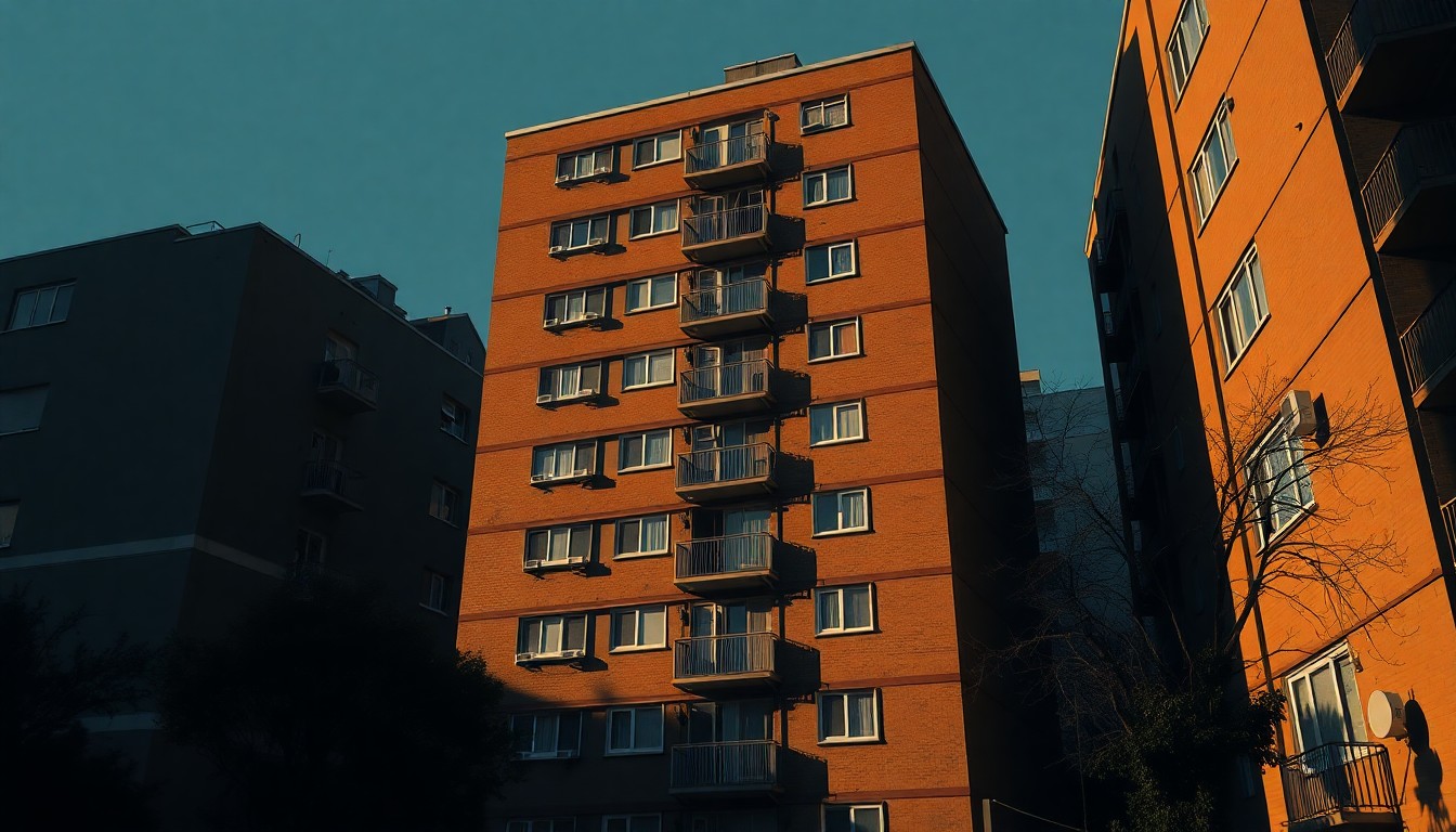 A photorealistic painting of a simple apartment building in a city, with warm sunlight streaming through the windows and deep shadows on the walls, conveying a sense of solitude and introspection.