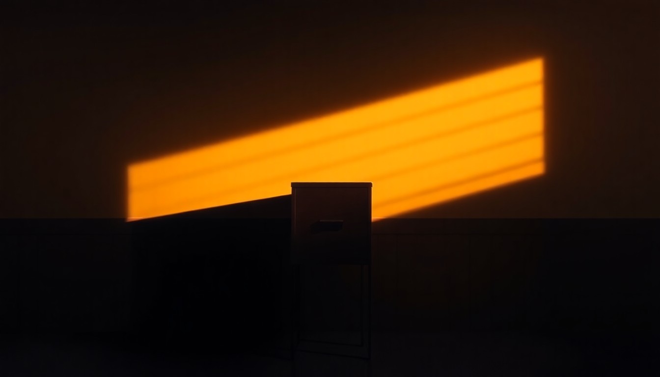 A photorealistic painting of a lone ballot box sitting in a sunlit room, casting long shadows across the floor, conveying a sense of civic duty and the importance of voting.