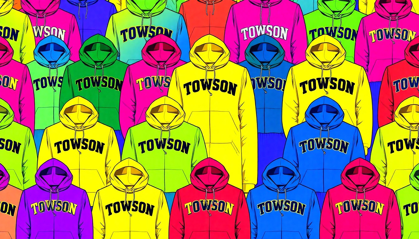 A vibrant, high-contrast silkscreen print of a Towson University hoodie repeated in a tight grid pattern, capturing the energy and school spirit of the reimagined campus store experience.