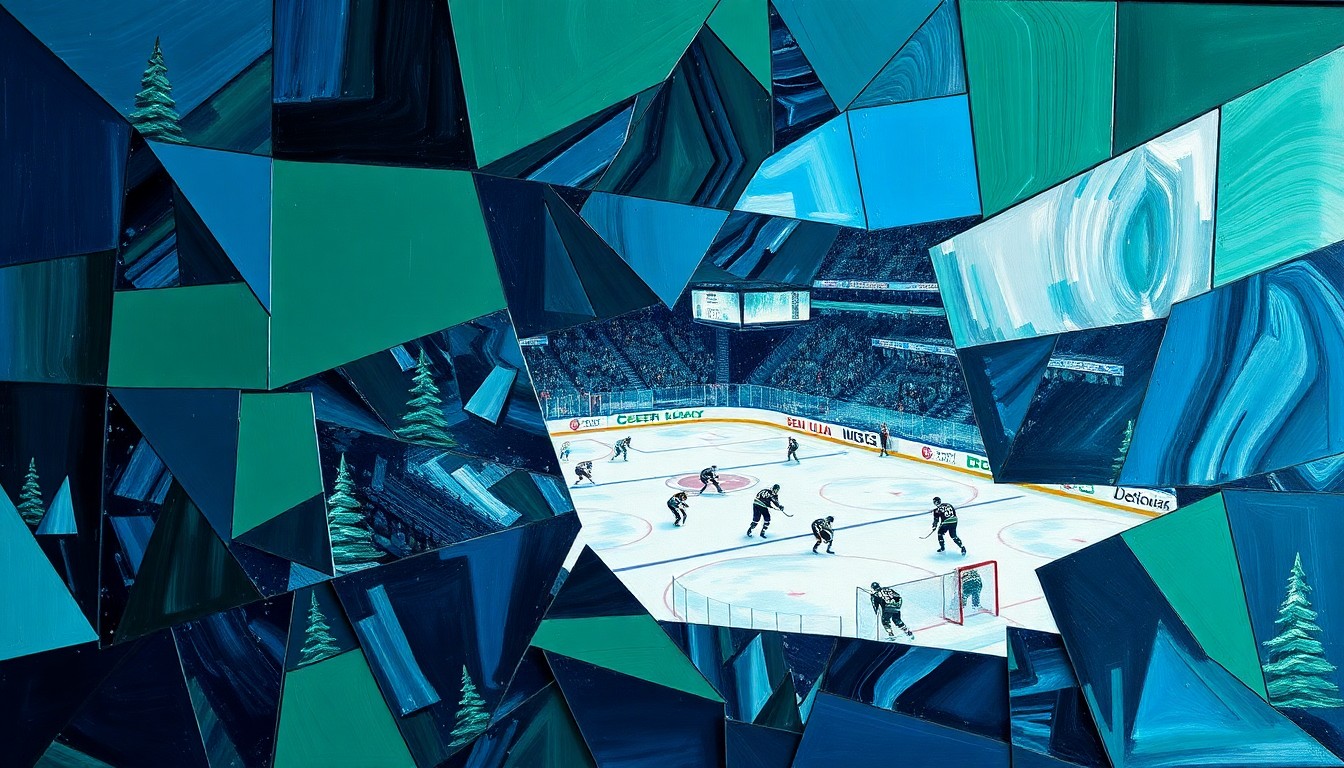 A cubist, geometric painting depicting an abstract ice hockey game, with sharp, overlapping planes of navy, green, and silver representing the action on the rink.