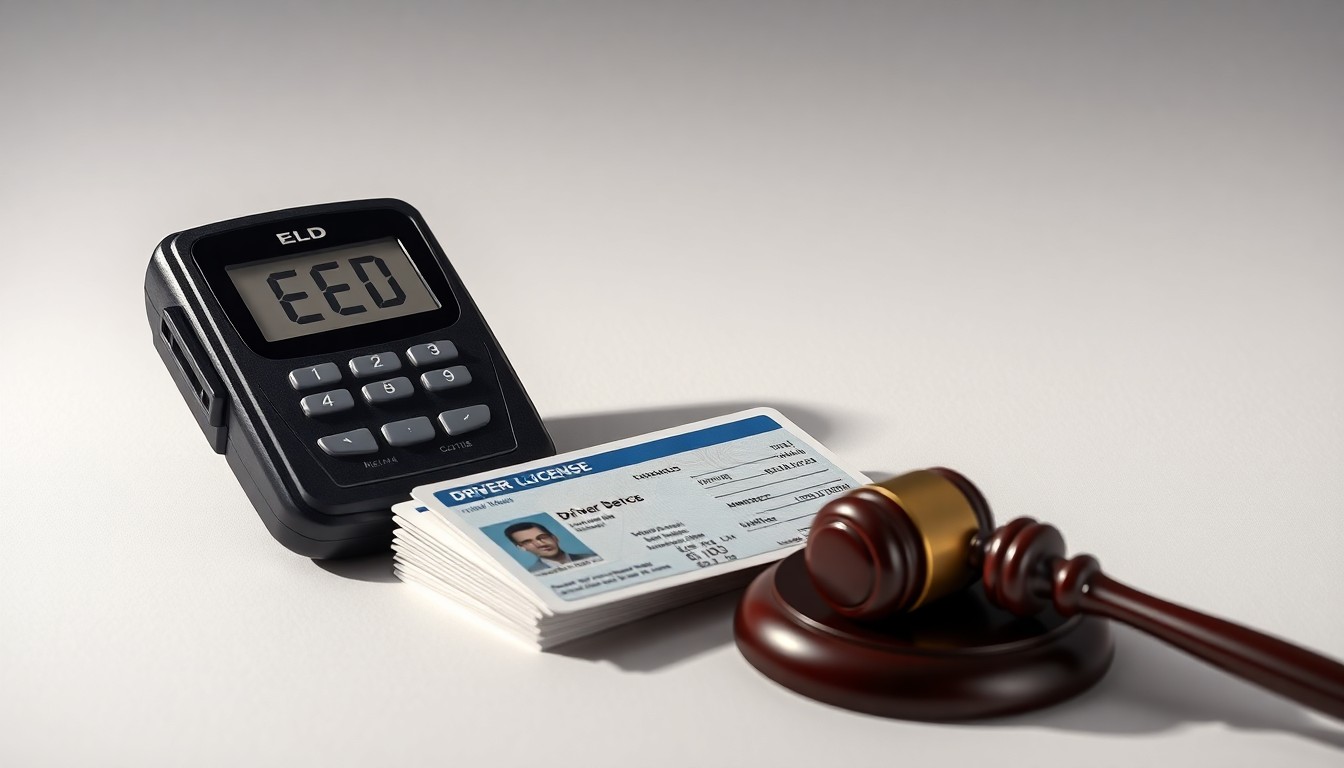 A minimalist studio still life photograph featuring a polished metal ELD device, a stack of driver's licenses, and a gavel, symbolizing the FMCSA's crackdown on regulatory fraud and non-compliance in the trucking industry.