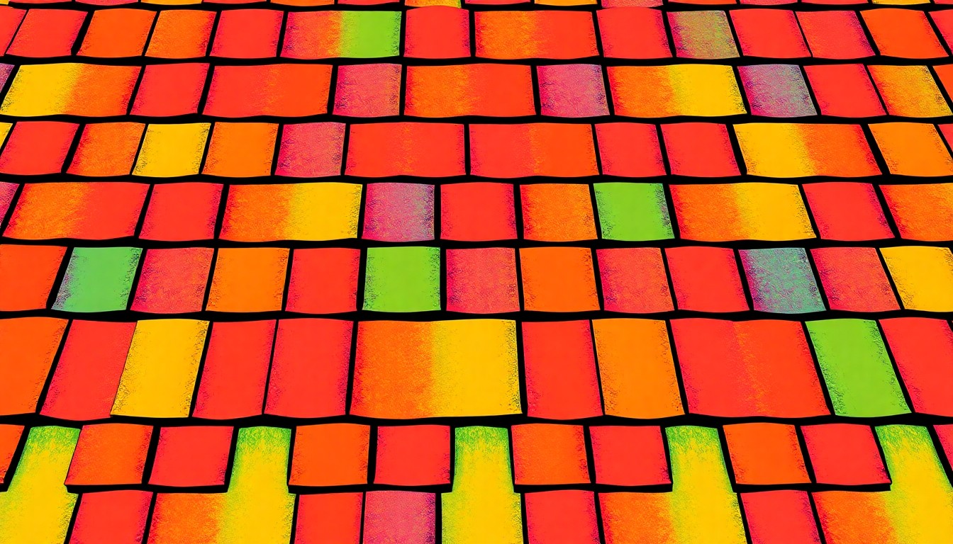 A highly stylized, abstract grid of neon-colored roofing shingle tiles, conceptually representing the expert advice on when to repair or replace a home's roof.