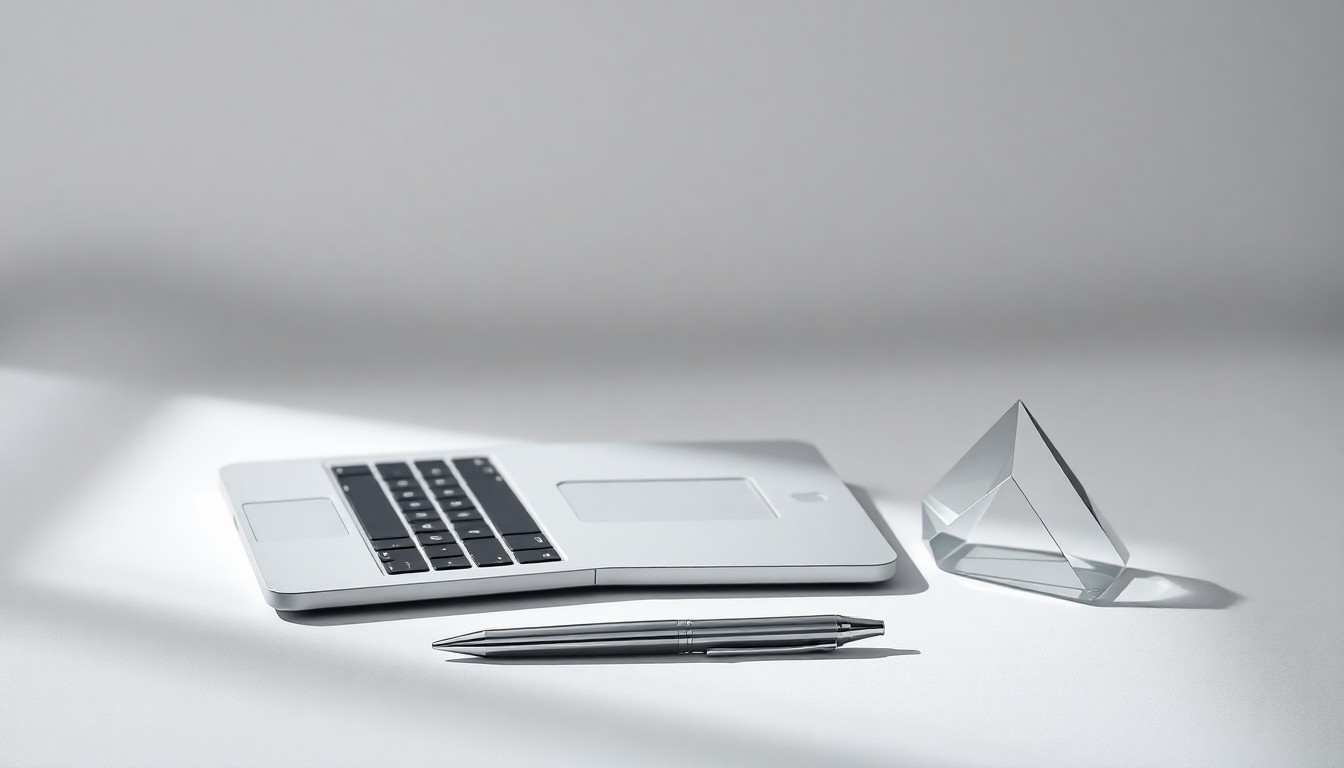 A photorealistic studio still life featuring a sleek laptop, a pen, and geometric shapes made of polished metal and glass, arranged elegantly on a clean, monochromatic background to represent the abstract concepts of technology, sales strategy, and corporate growth.