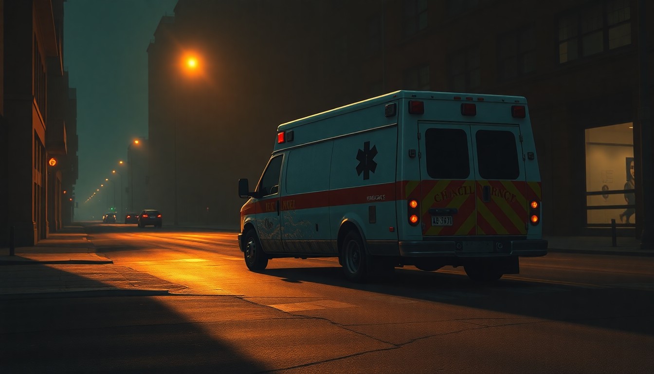 A photorealistic painting of a damaged ambulance parked on a shadowy urban street, with warm sunlight casting dramatic diagonal shadows across the scene, conveying a sense of solemnity and unease around the targeted attack.