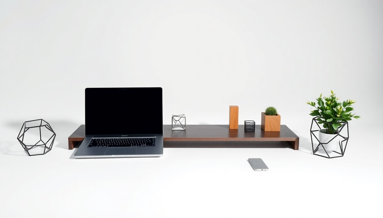 A minimalist, photorealistic studio still life featuring a sleek, modern desk with a laptop, potted plant, and geometric desk accessories, conceptually representing the abstract ideas of global cooperation and visionary thinking.