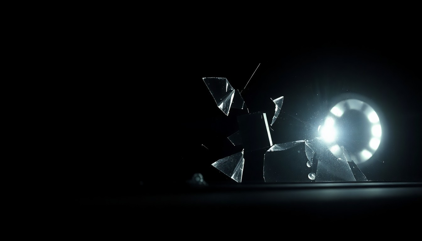 An extreme close-up photograph of a damaged car sensor or broken glass, lit by a harsh flash against a dark background, conceptually representing the violence of the crime.