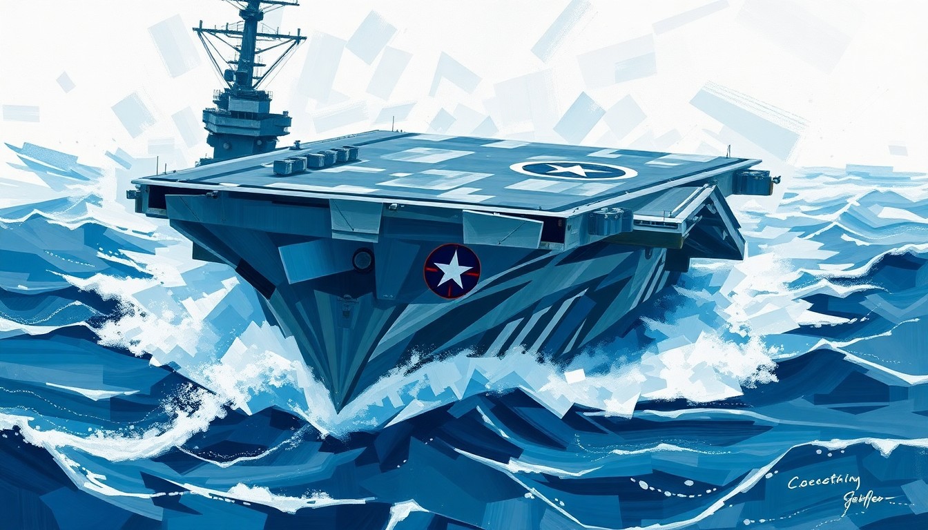 A dynamic, abstract painting of a U.S. aircraft carrier cutting through choppy waters, with overlapping geometric shapes and brushstrokes in shades of blue and gray conveying a sense of speed and power.