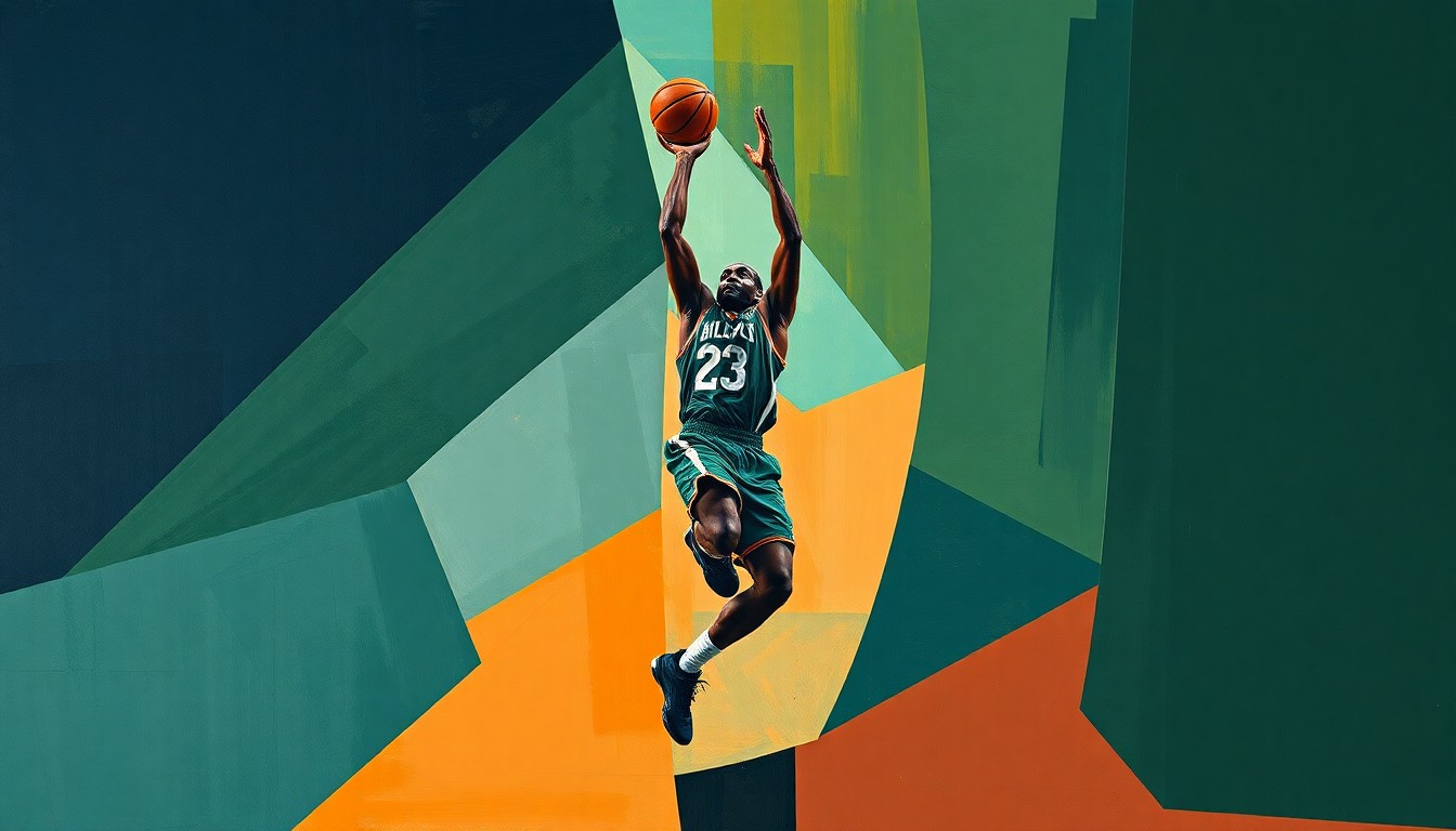 A fractured, cubist-style painting depicting a basketball player's jump shot broken down into sharp, overlapping geometric shapes in muted tones, conceptually representing the loss of a key player and the challenges facing the team.