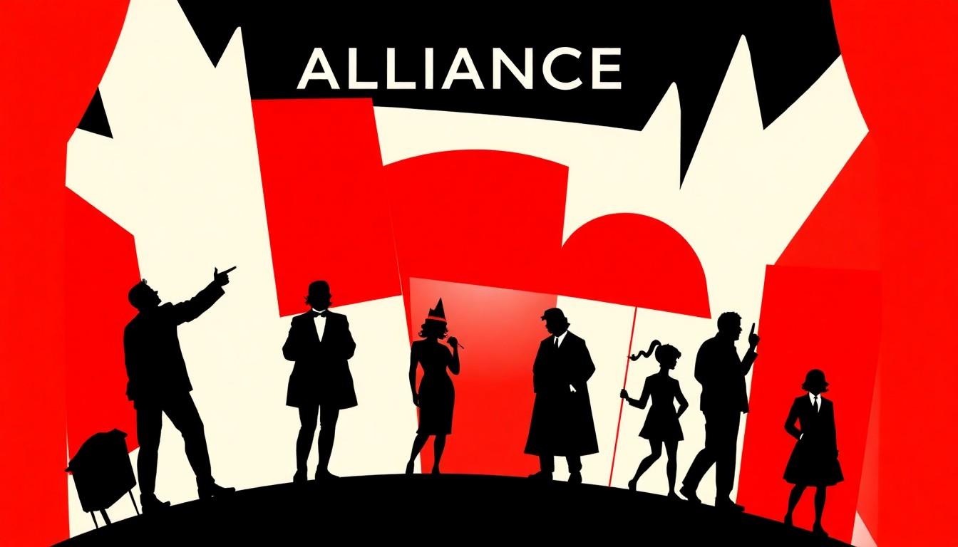 A striking abstract composition featuring bold, jagged shapes in red and white, conceptually representing the diverse range of productions at the Alliance Theatre.