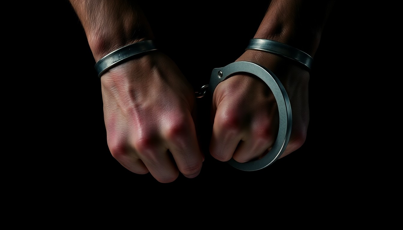 An extreme close-up photograph of a pair of handcuffed wrists against a pitch-black background, lit by a harsh, direct camera flash. The textured skin and metal of the handcuffs fill the frame, conveying a stark, gritty, investigative aesthetic.
