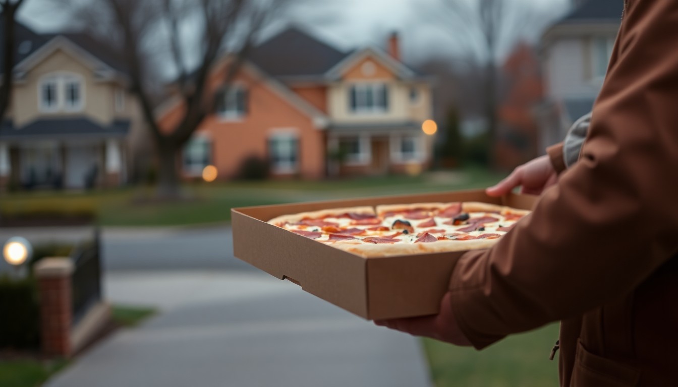 A blurred, impressionistic photograph of a pizza delivery driver's hands holding a pizza box, with a softly focused residential neighborhood in the background, conveying a sense of warmth, care, and community.