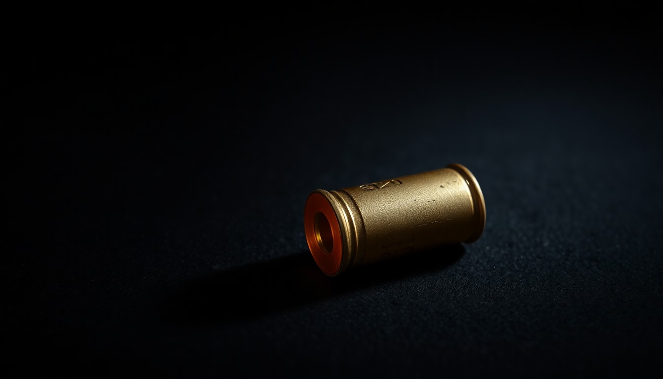 An extreme close-up photograph of a single spent shell casing on a dark, textured surface, lit by a harsh, direct camera flash, conceptually illustrating the physical evidence from a violent crime.