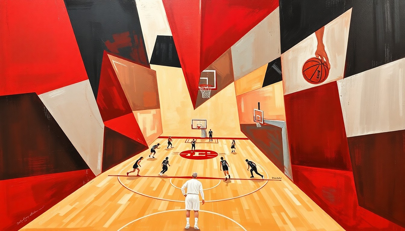 A fragmented, cubist-style painting depicting a women's basketball game, with the players and court broken down into sharp, overlapping geometric shapes in shades of red and silver, conveying the dynamic energy and strategic complexity of the sport.