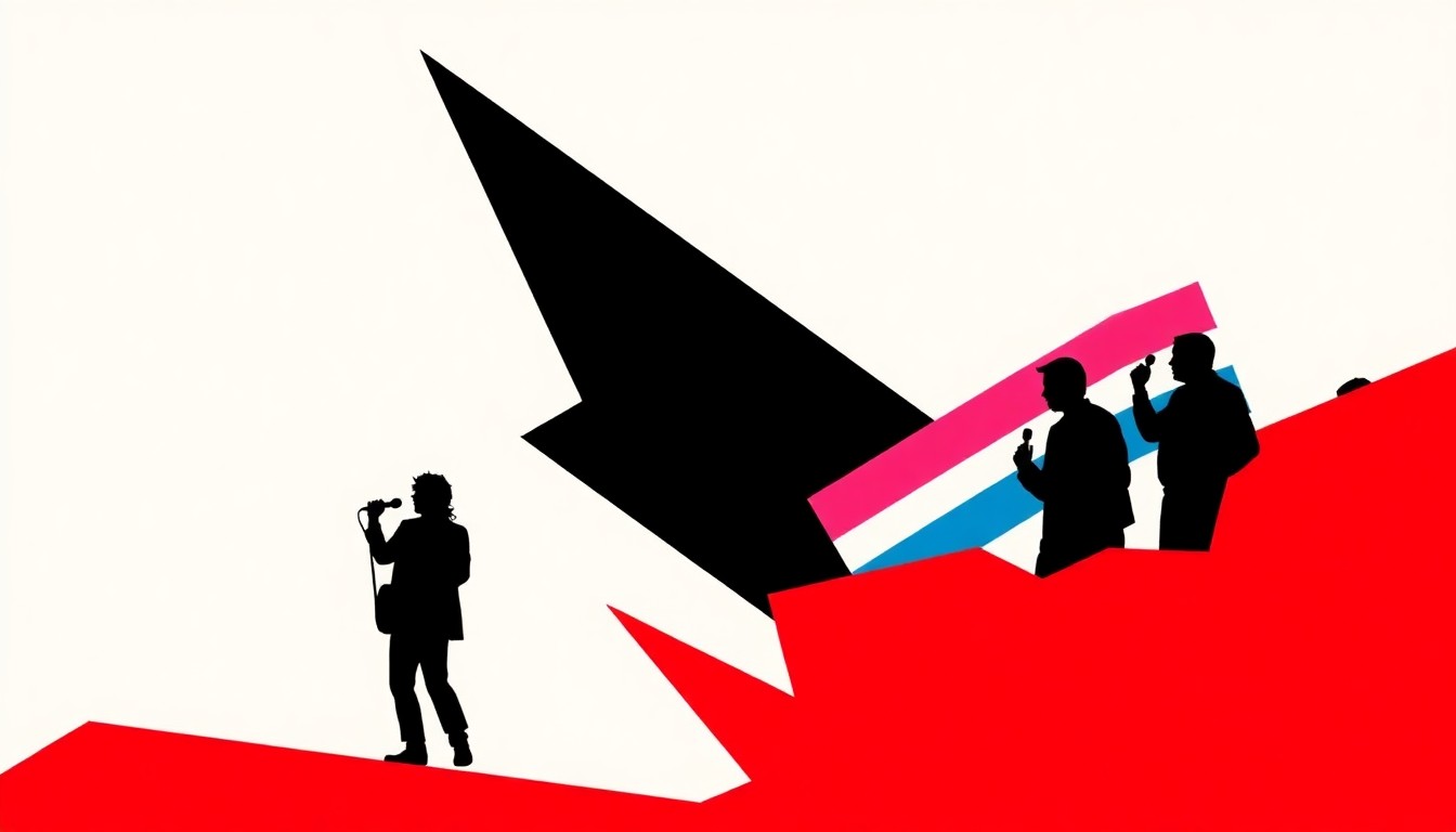 An abstract, minimalist illustration featuring bold, jagged shapes and high-contrast colors, conceptually representing the music festival and its mission to support trans rights.